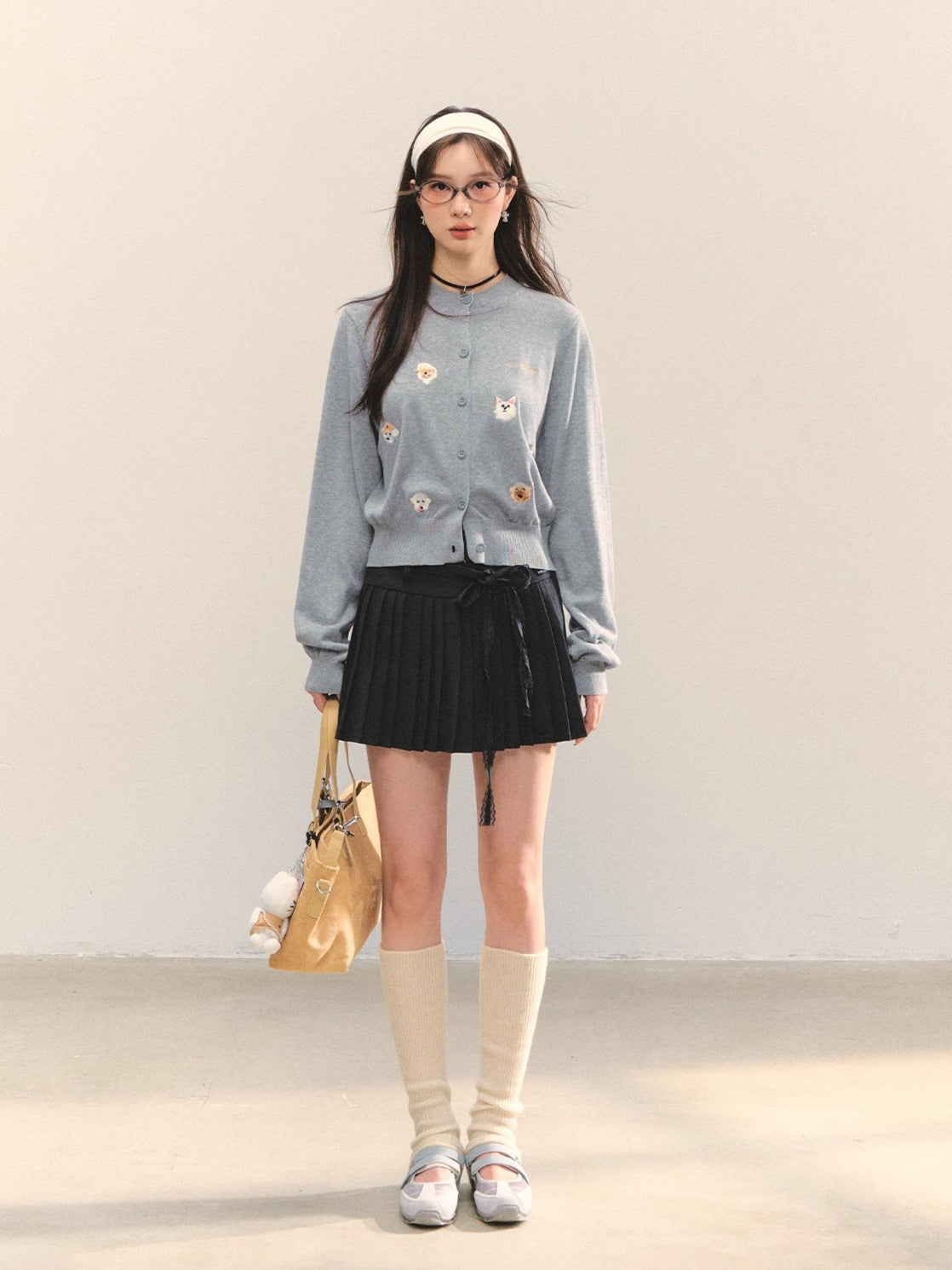 Gray & Apricot Puppy-Embroidered Knit Cardigan