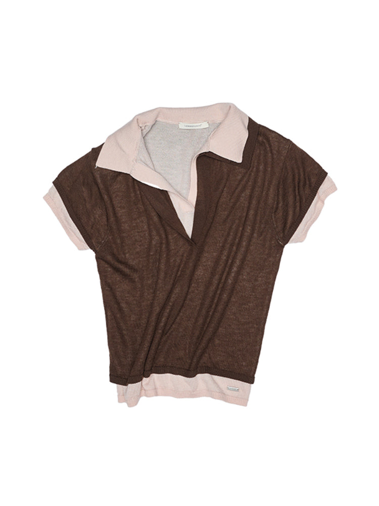 Color-Blocking Fake Two-piece Knit Polo Shirt