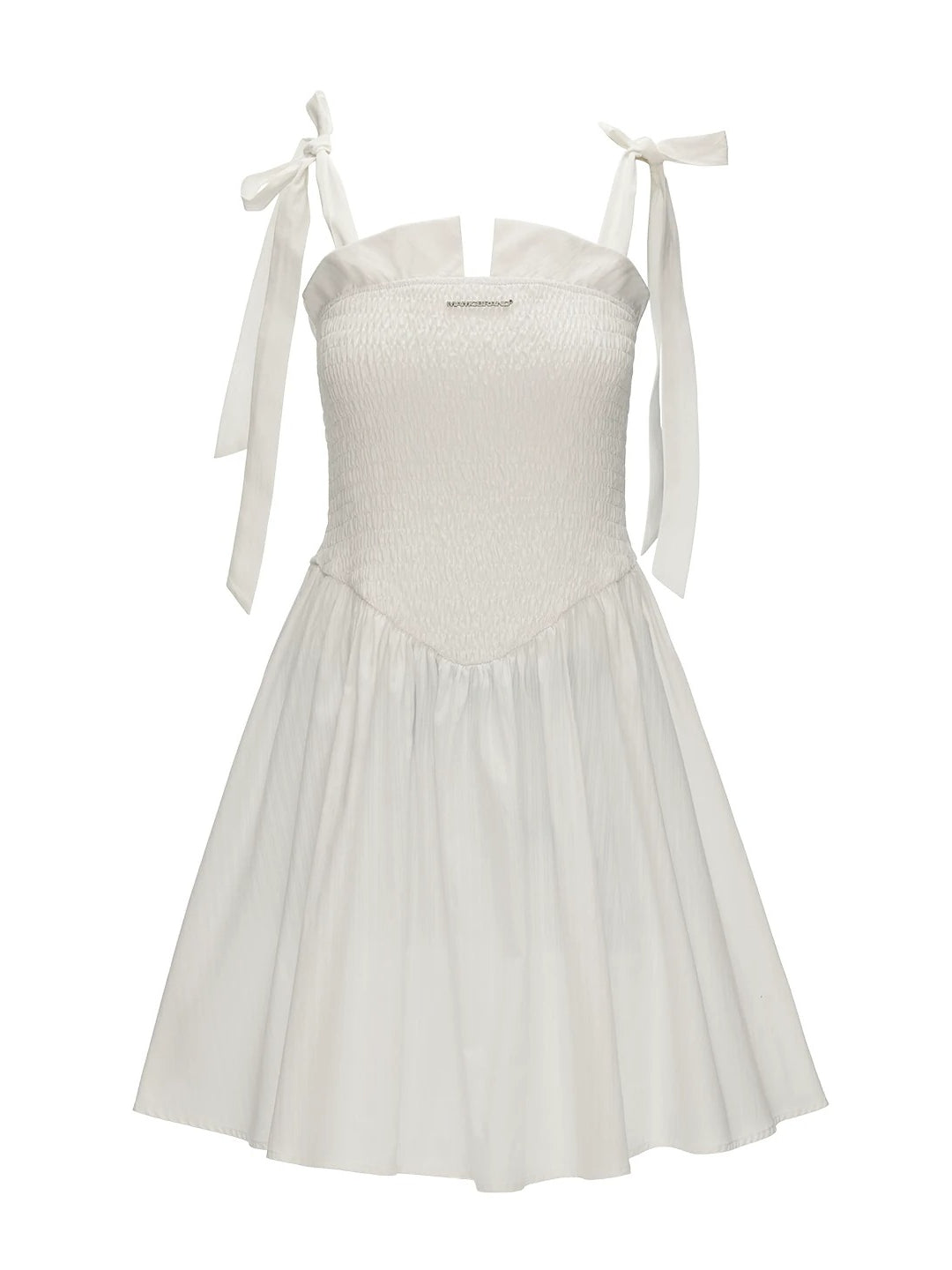 White Striped Ruched Bow Strap Dress
