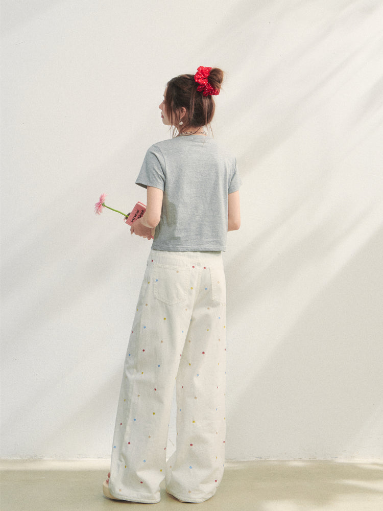 Colorful Floral Embroidered Straight-Leg Jeans