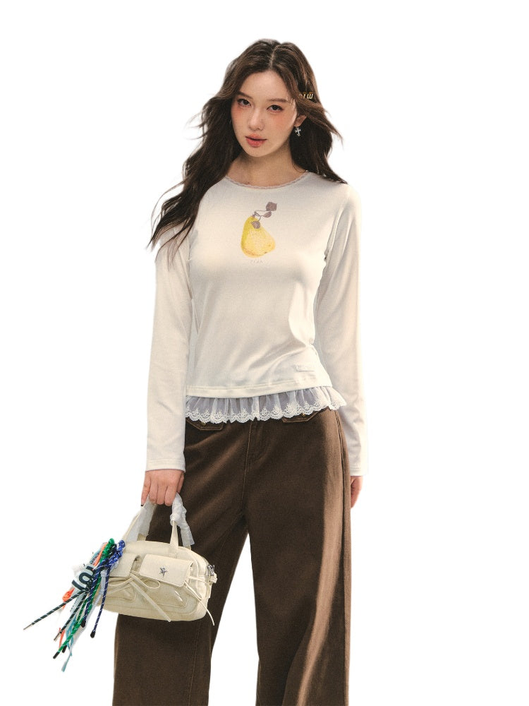 Fruit Print Lace-spliced T-Shirt