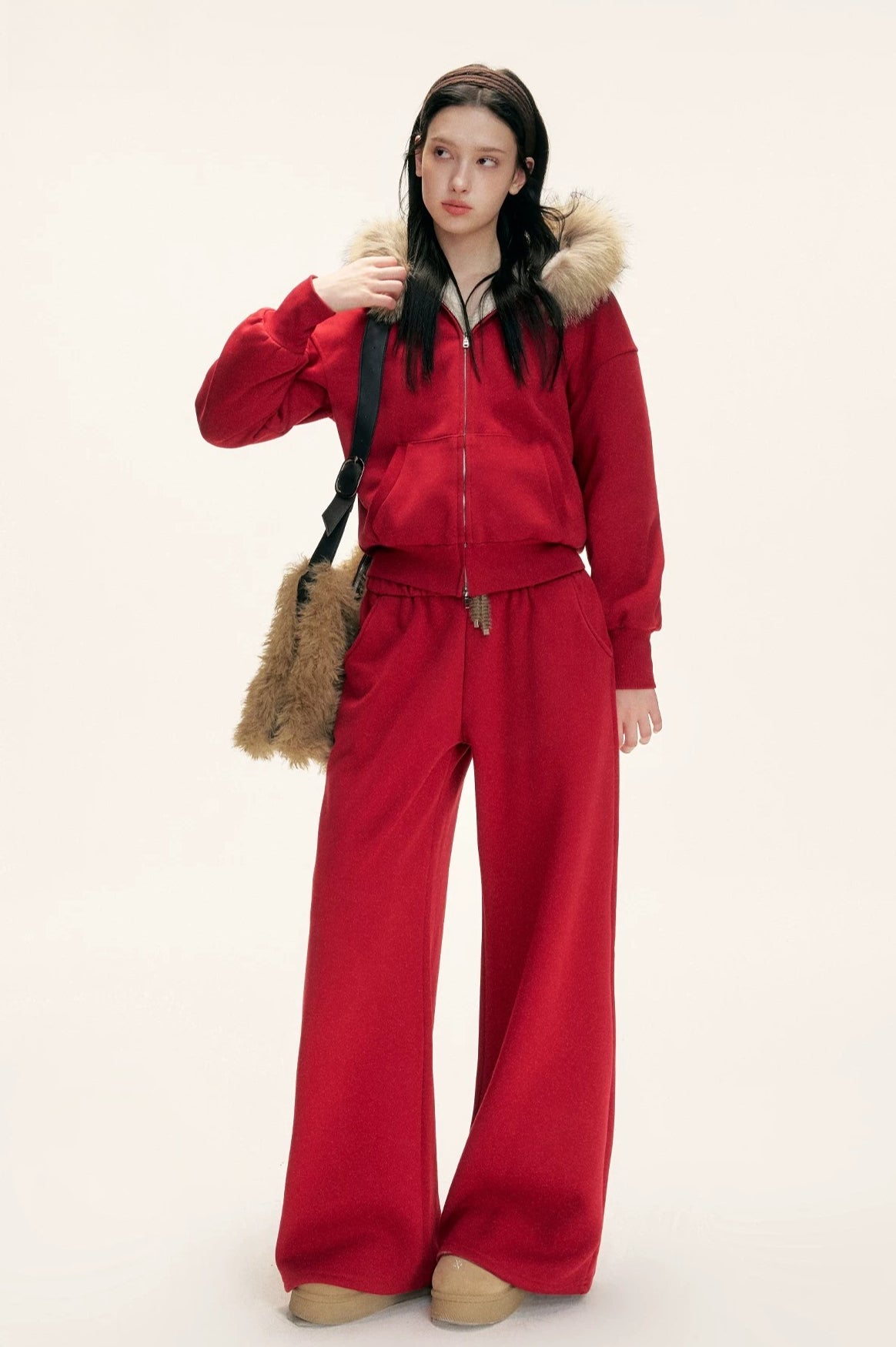 Red Fur-Trimmed Hoodie & Pants Set