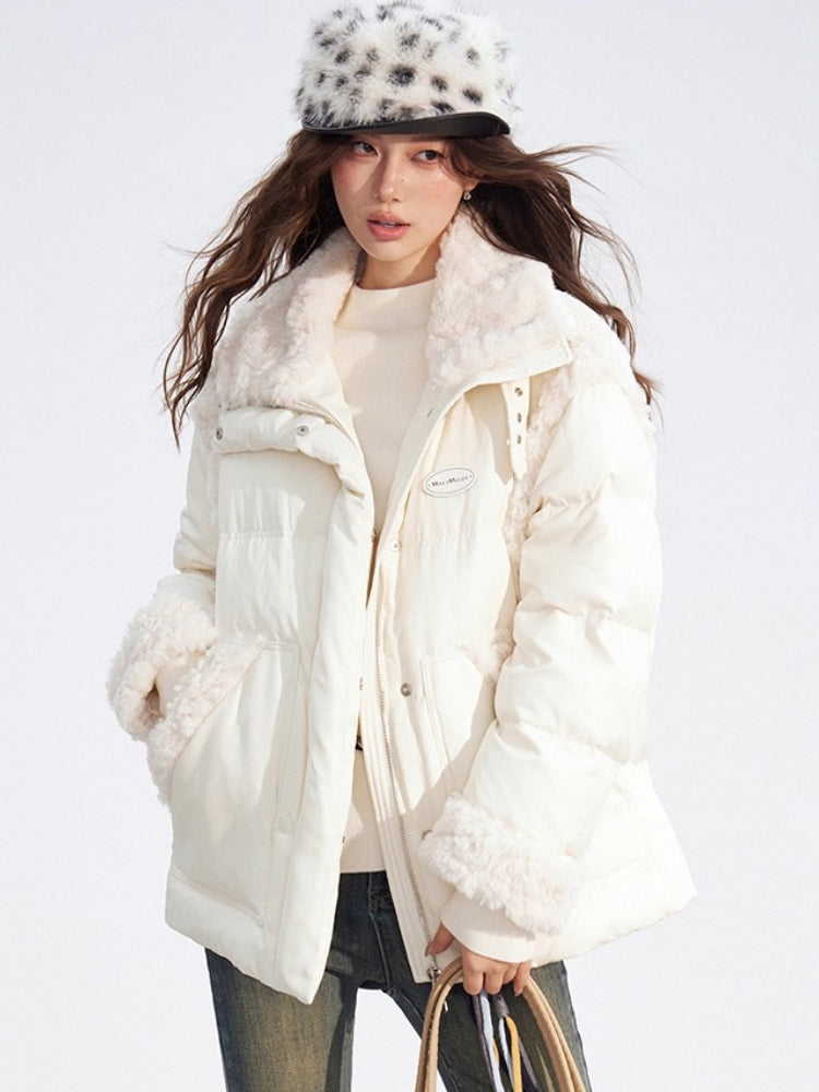 Shearling Patchwork White Down Puffer Jacket