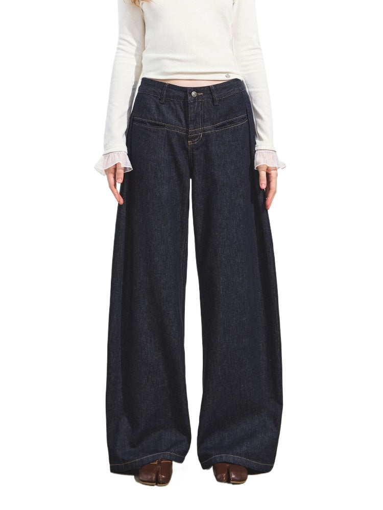 Denim Blue Pleated Banana Jeans