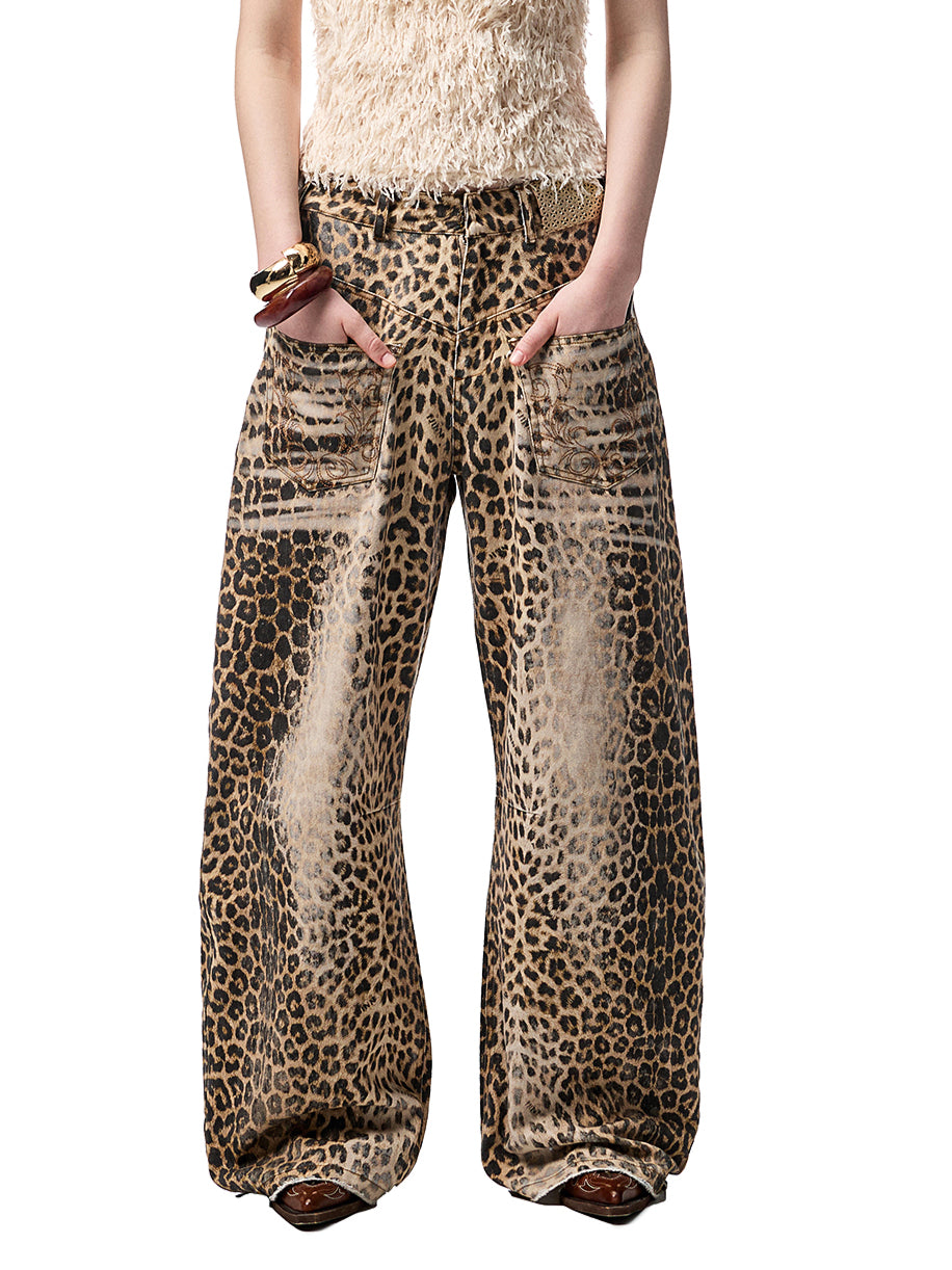 Washed Leopard Print Canvas Curved Pants