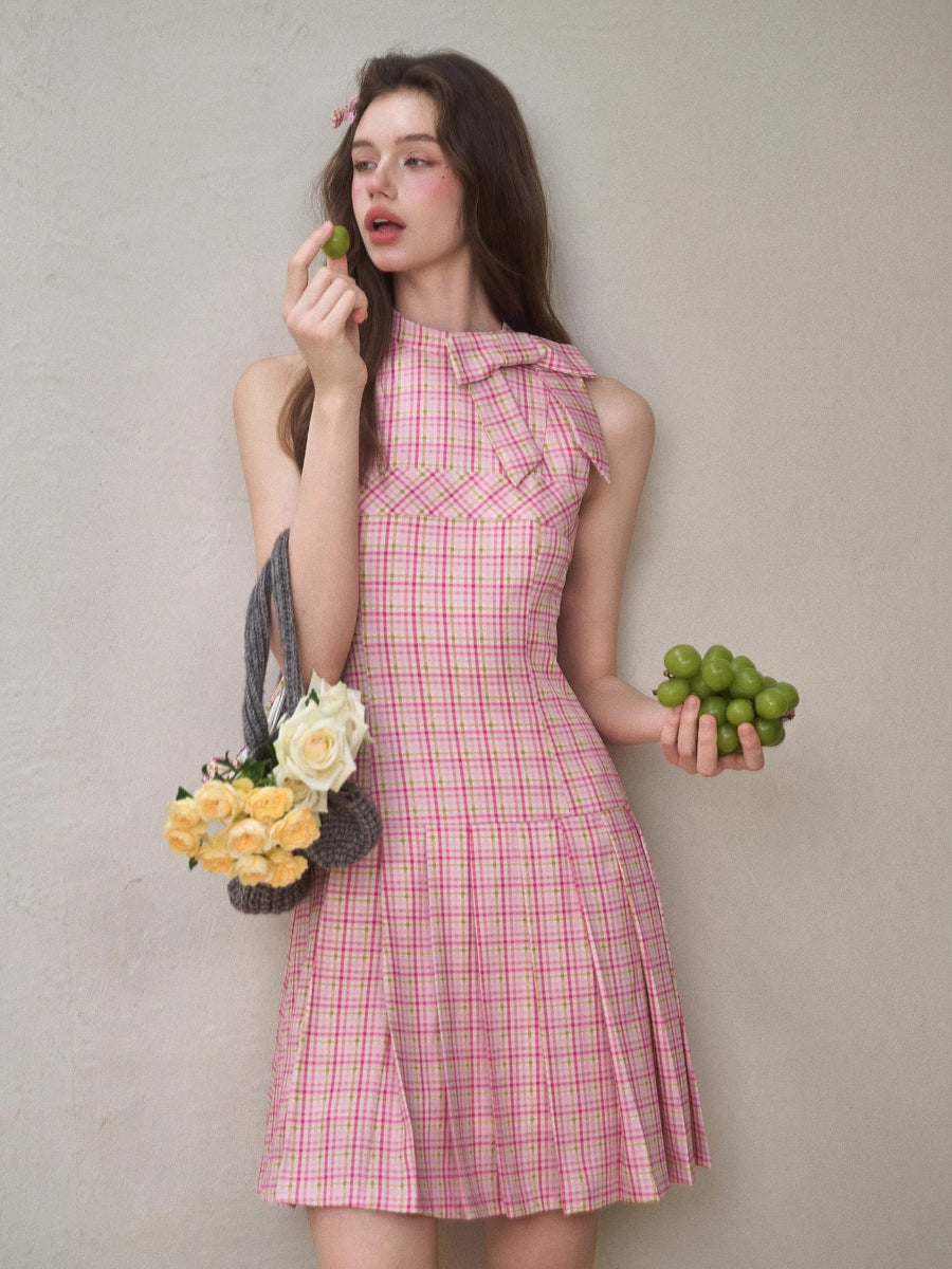 Mint & Strawberry Check Halter Dress