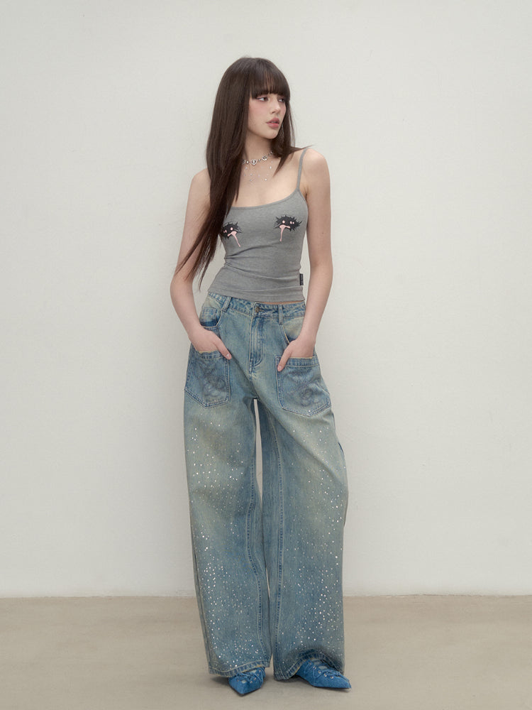 3D Rhinestone Wide-Leg Denim Pants