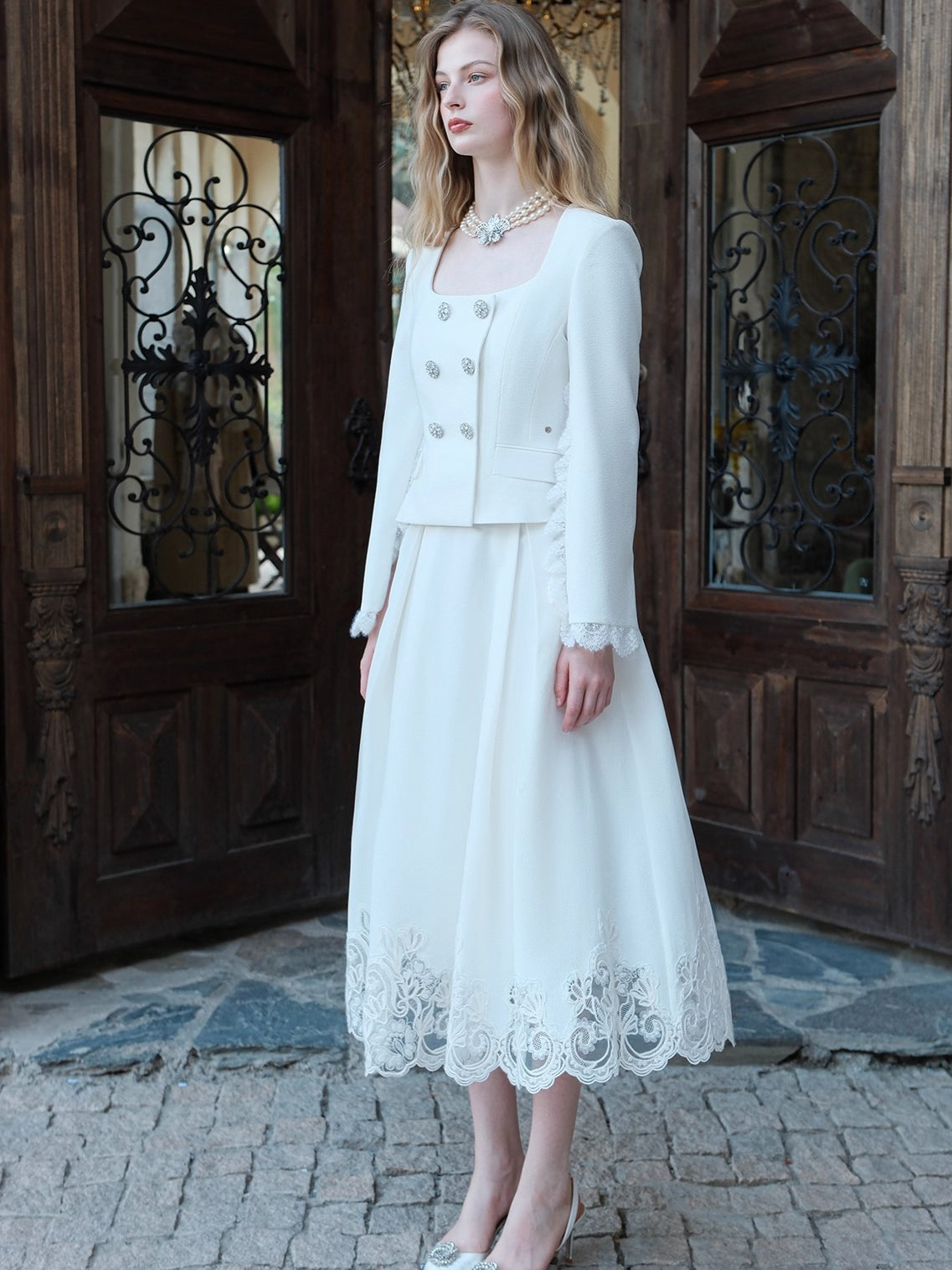 Mirage Vintage Lace-Collar Blazer & Flared Skirt Set