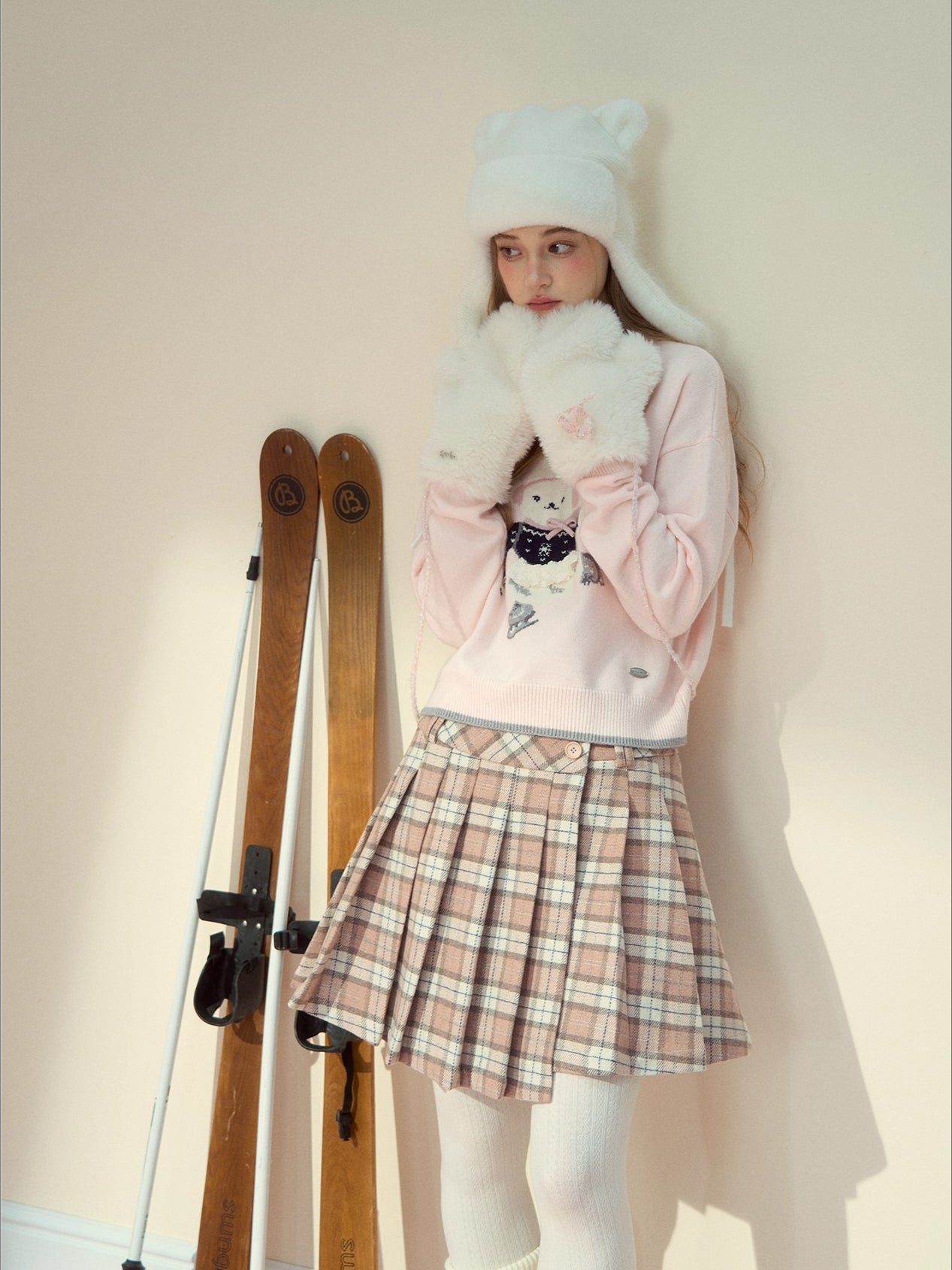 Pink Plaid 60% Wool Pleated Skirt