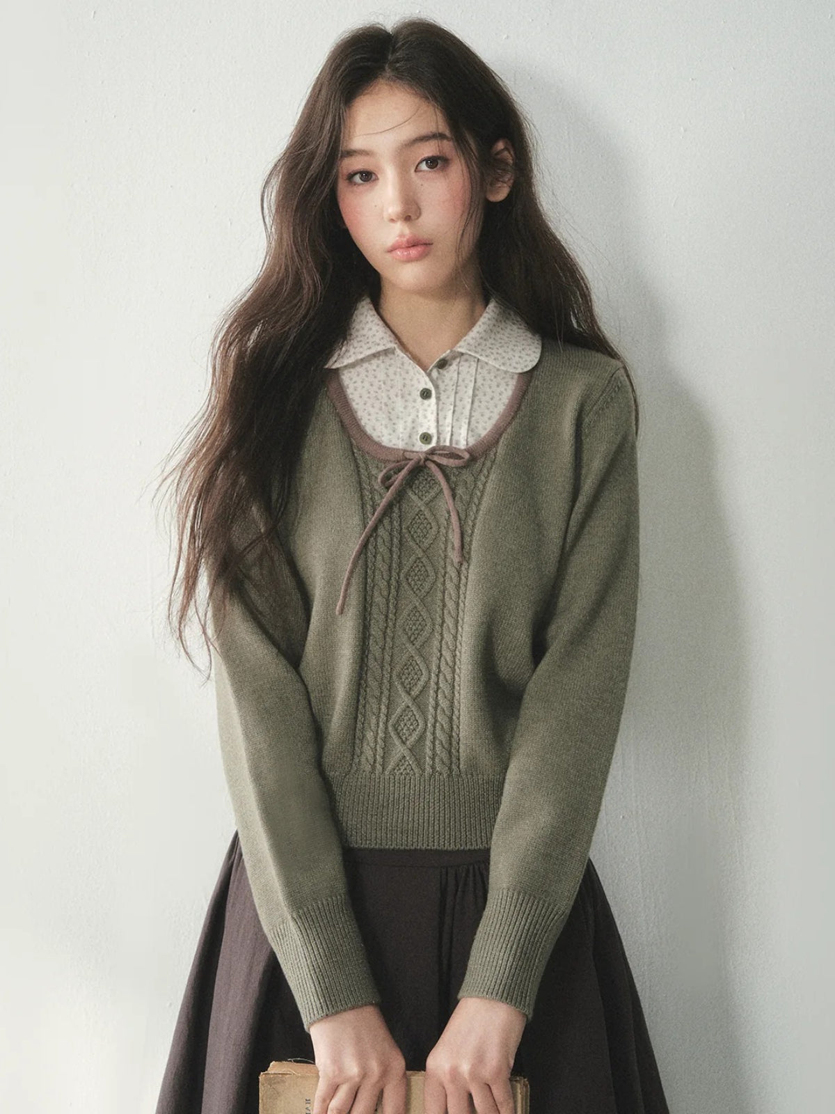 Floral Collar Bow Cable Knit Sweater