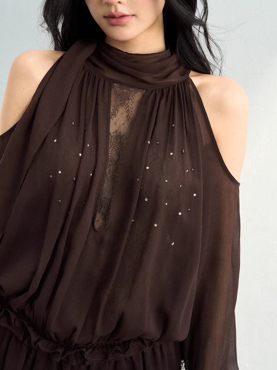 Rhinestone Sheer Chiffon Blouse