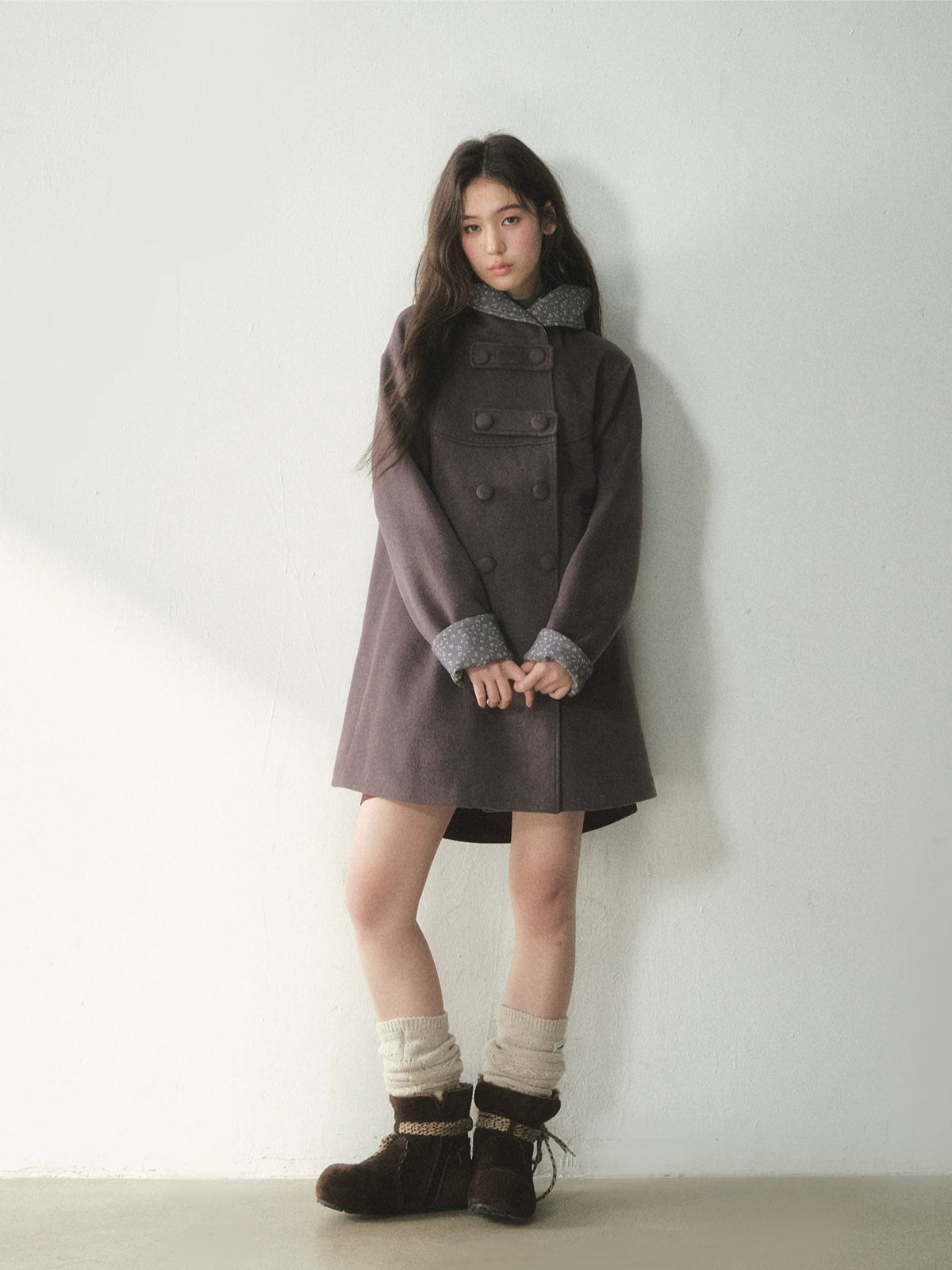 Double-Breasted Floral Hooded Wool Coat