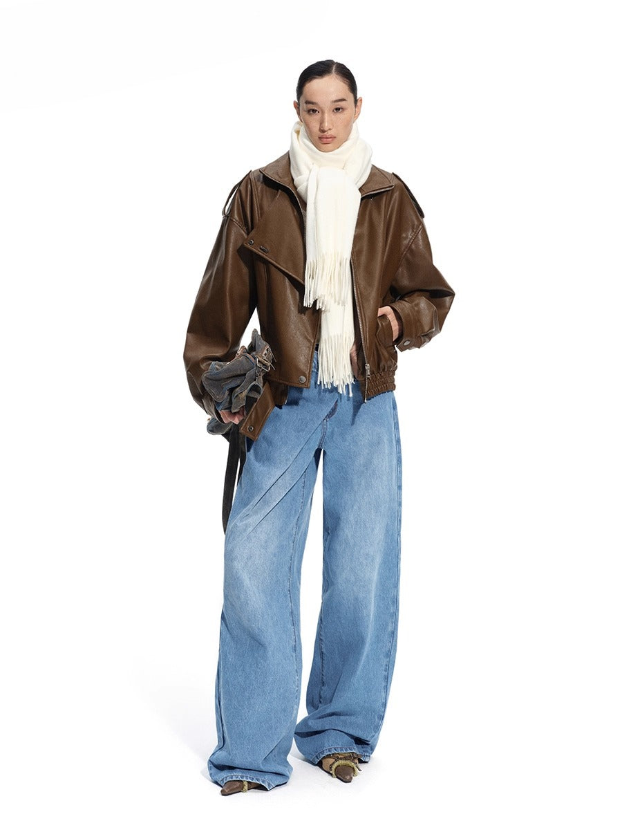 "Rose Series" Oversized Collar Faux Leather Jacket