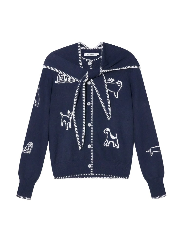 Puppy Embroidered Trim Hooded Knit Sweater