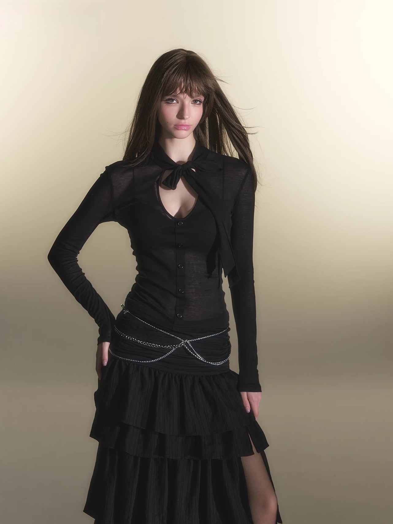 Black V-neck Tencel Wool Long Sleeve Tee