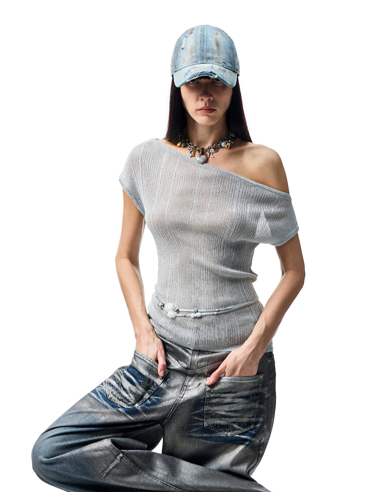 Asymmetric Shoulder Knit Short Sleeve T-shirt