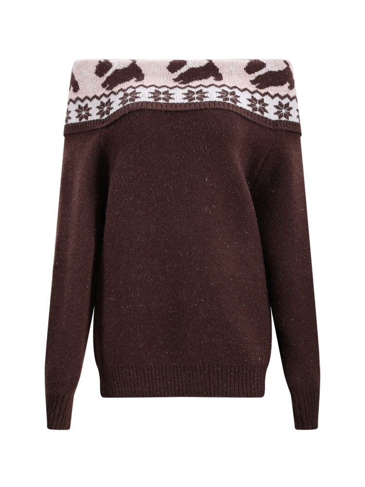 Brown Fair Isle Off-shoulder Sweater & Skirt Set