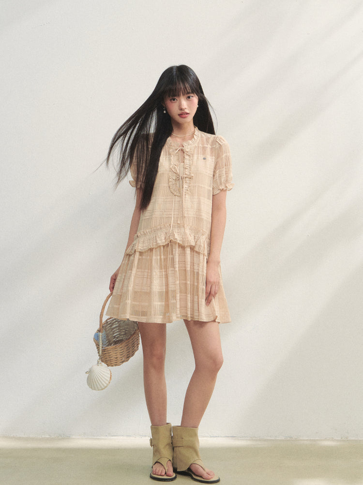 Checkered Hollow-Out Ruffled Dress Set