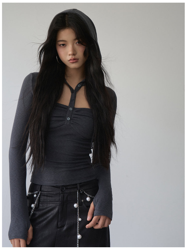 Hooded Hollow-out Long-sleeved T-shirt