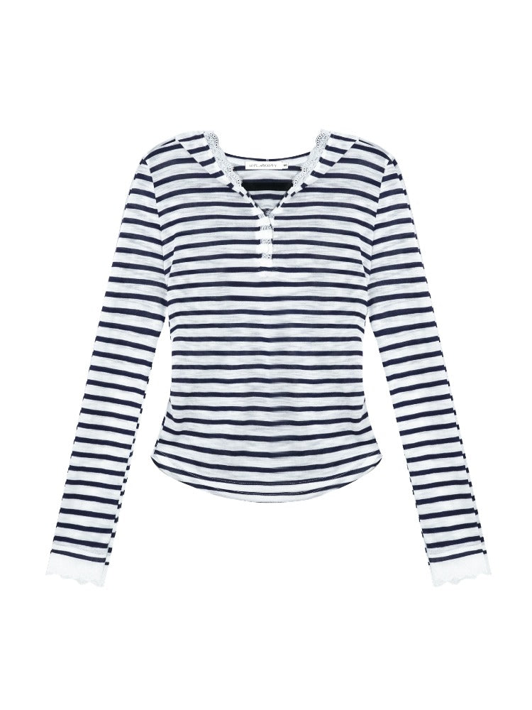 Striped Color-block Lace Spliced T-Shirt