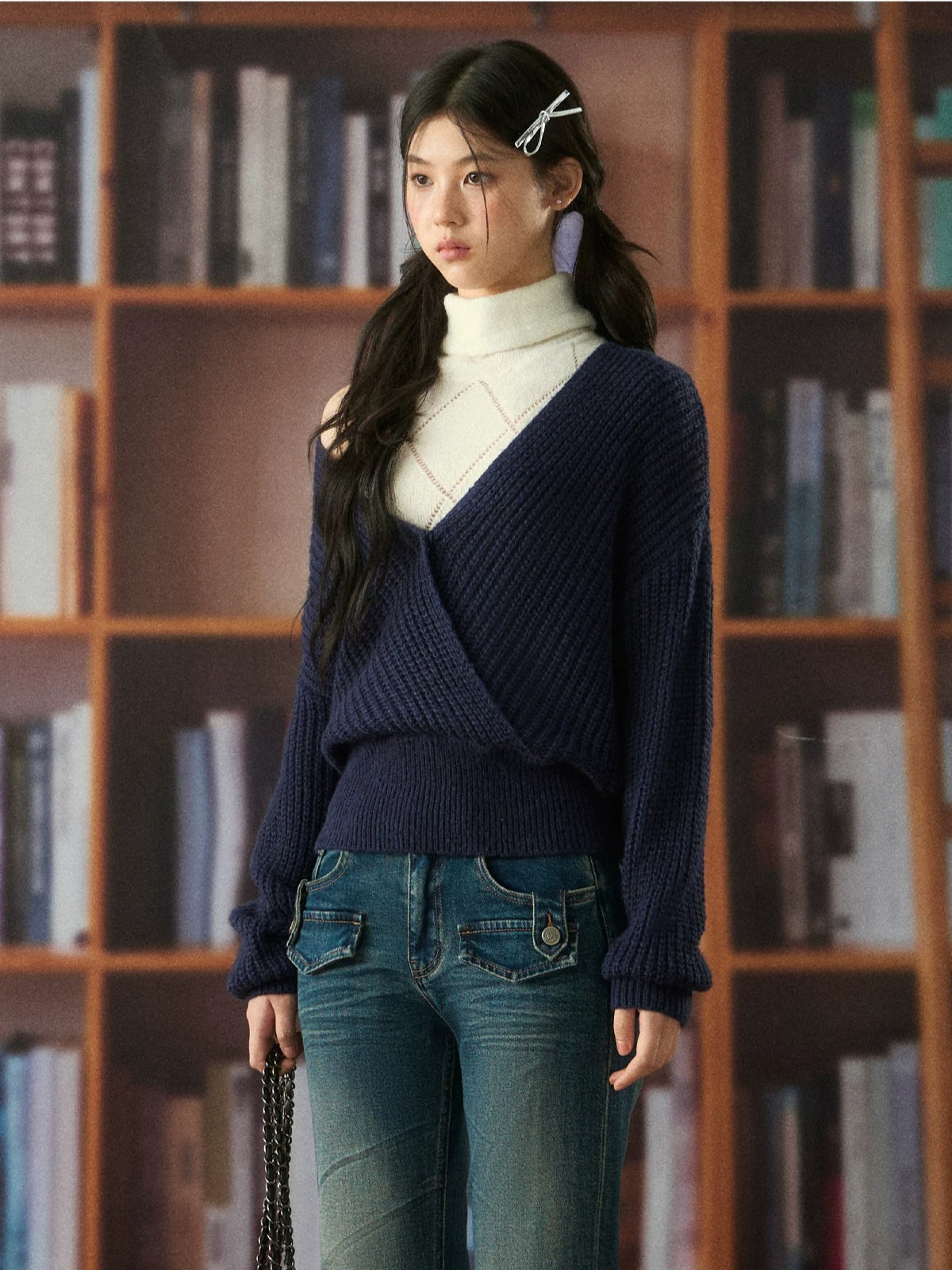 Oversized Deep V-Neck Wool Knit Sweater