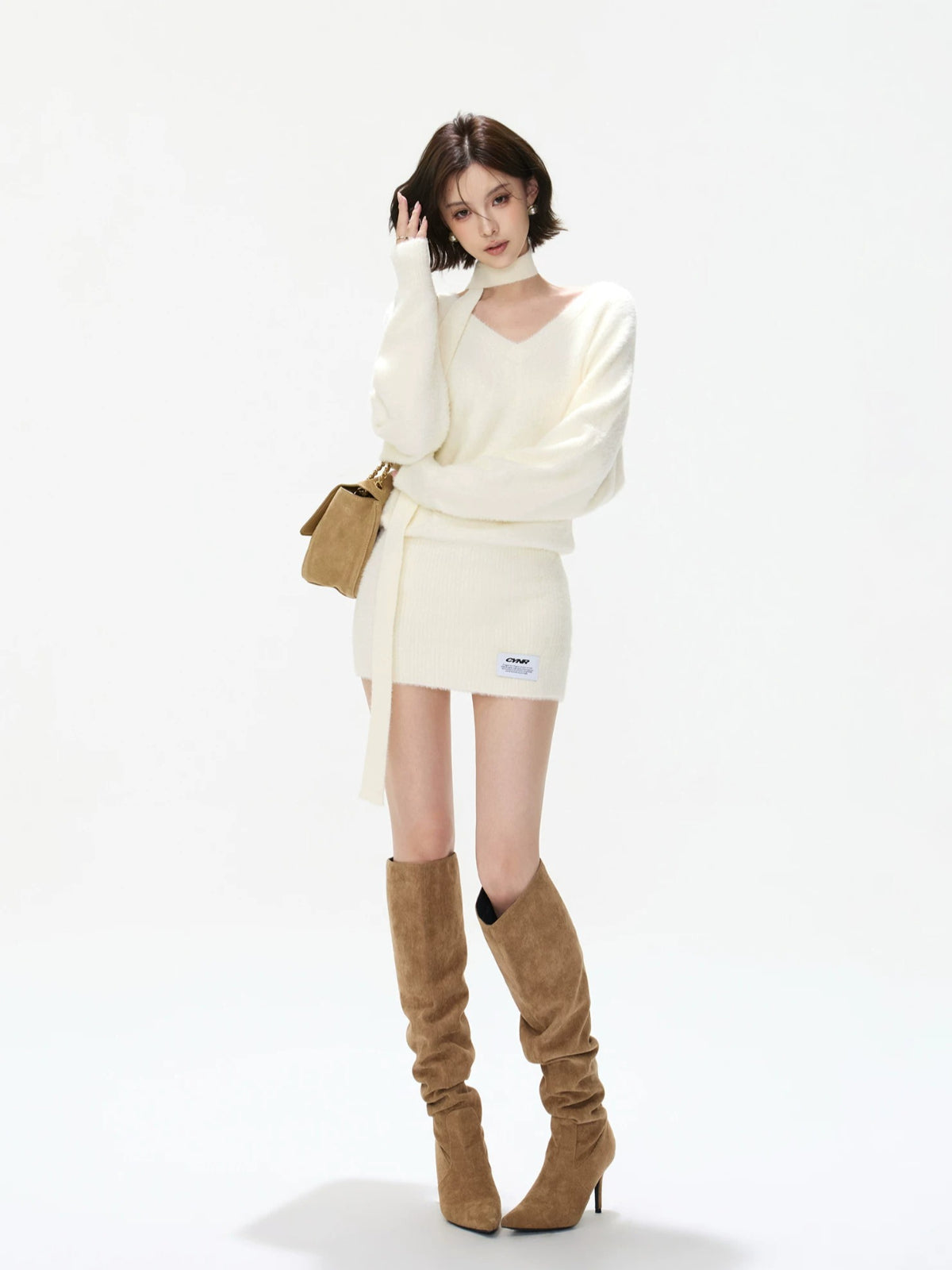 Convertible V Neck Fuzzy Knit Sweater