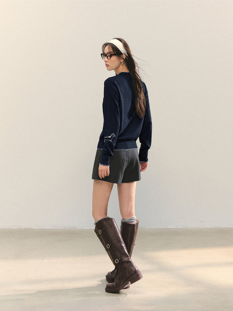 Puppy Embroidered Trim Hooded Knit Sweater