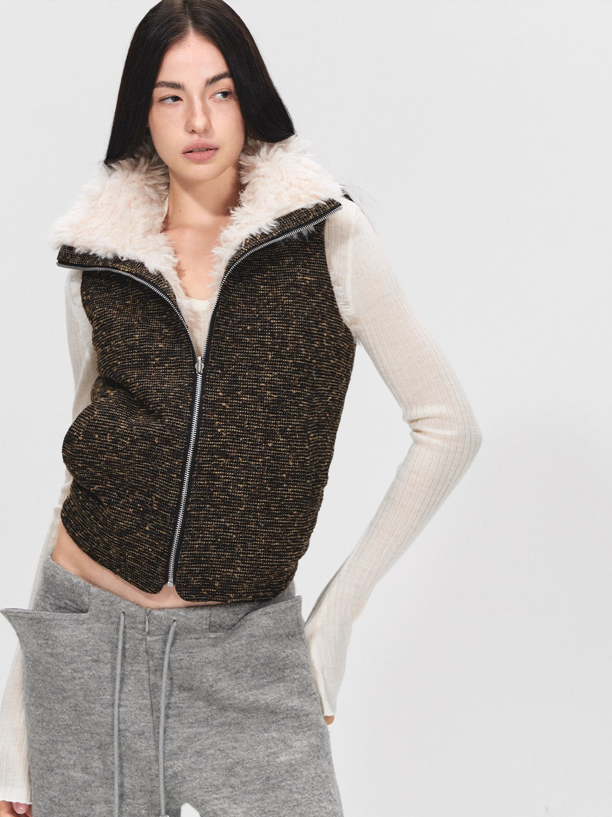 Reversible Wool Blend Faux Fur Vest Jacket