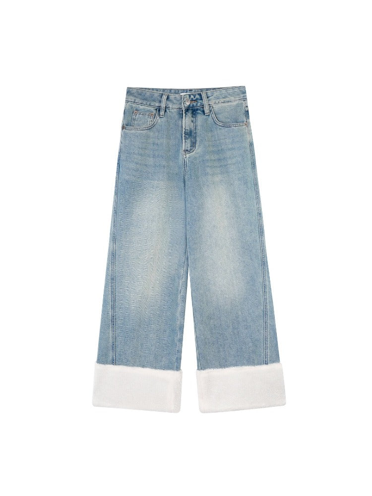 Blue Shearling-Trim Straight-Leg Denim Pants