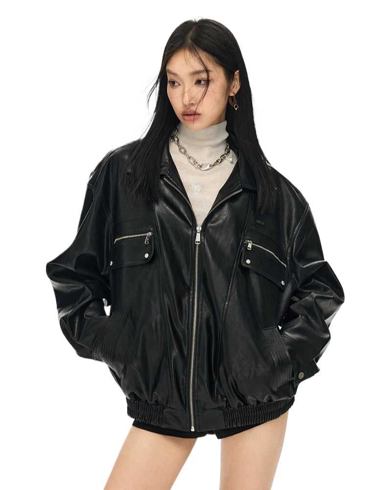 Black & White Vintage Silhouette Collar Moto Jacket