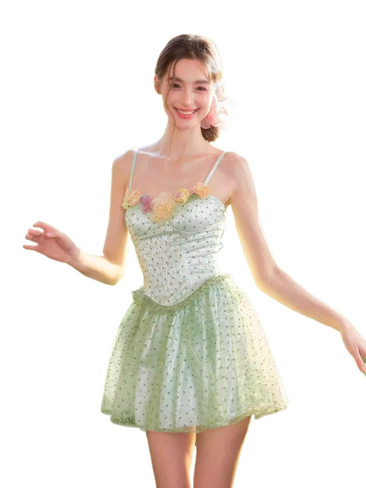 Polka Dot 3D Floral Mesh Strap Dress