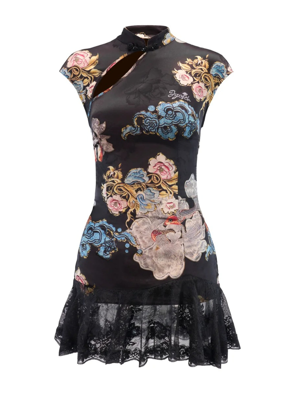 Black Lace Panel Qipao Dress