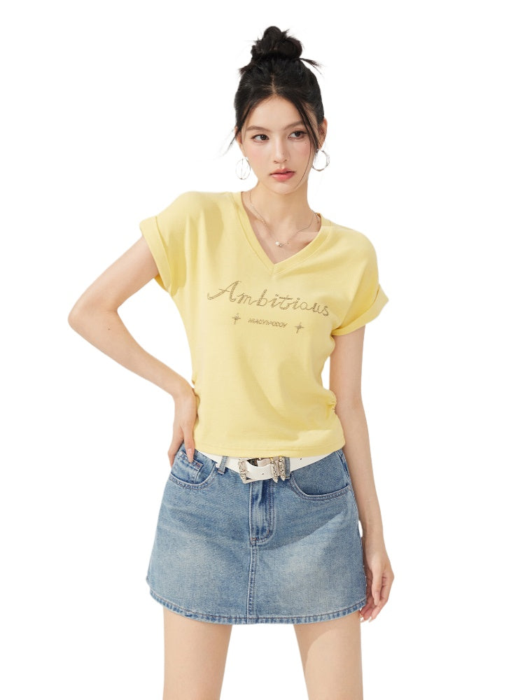 V-neck Waist-cinching Rhinestone Tee
