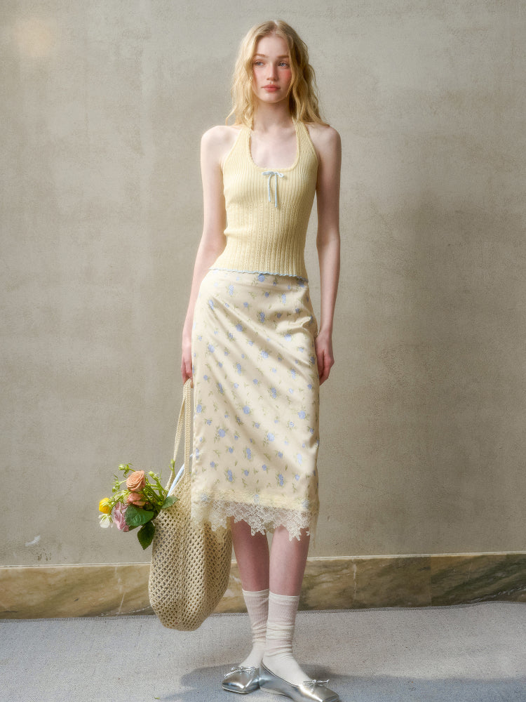 Hollow-out Color-blocking Knit Top