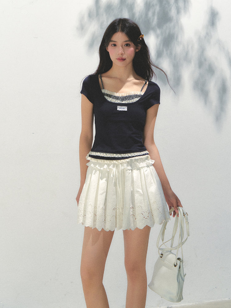 Two-piece Spliced Hem Lace Short-sleeve T-shirt