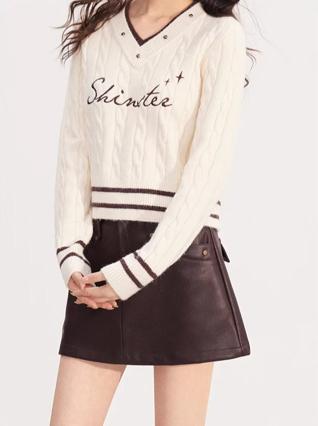 Color Block Stripes V-neck Embroidered Sweater