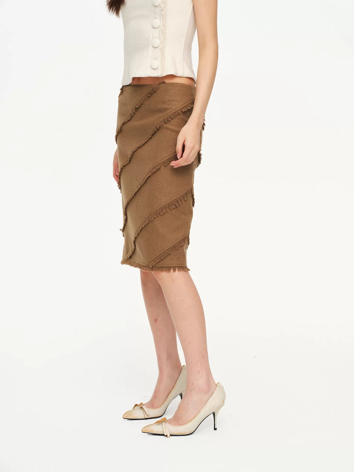 Asymmetric Fringed Wool Blend Skirt