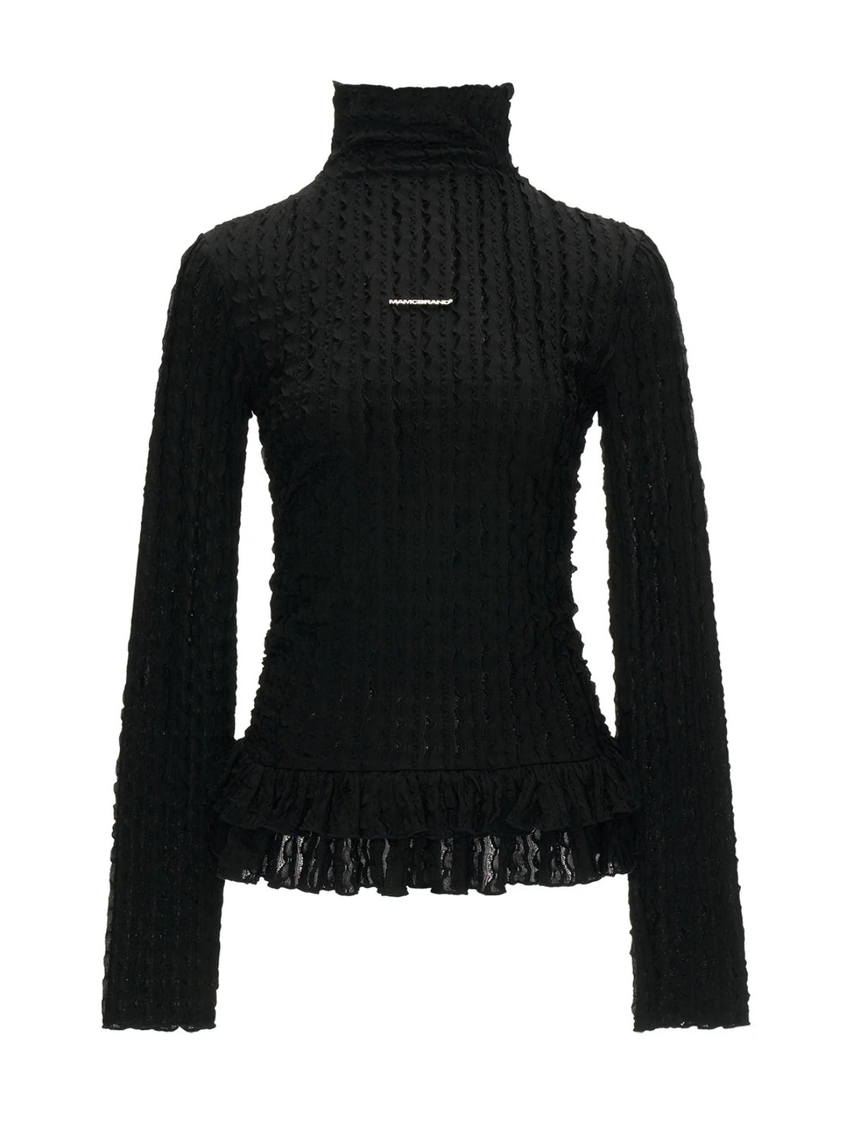 Ruffle High-Neck Slim Long Sleeve Top