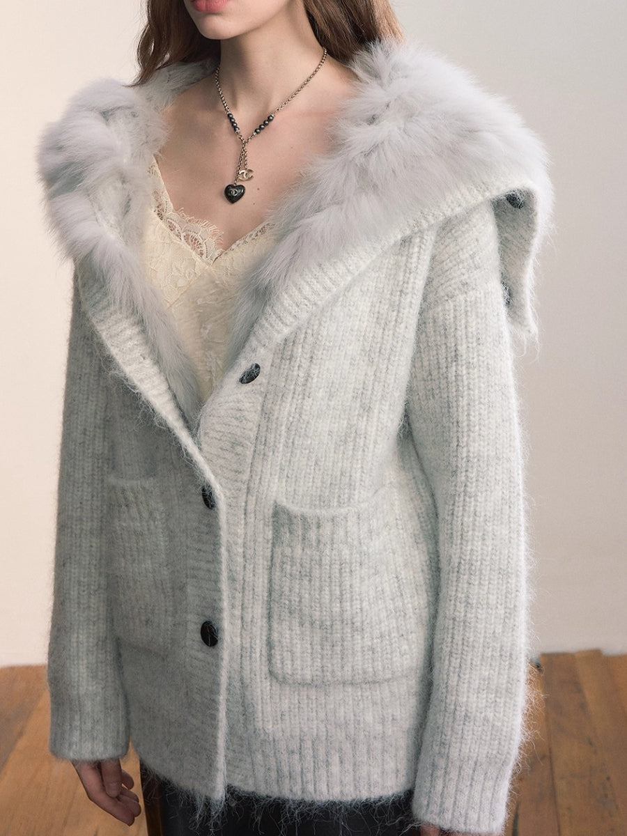 Fox Fur Large Notch Collar Cardigan