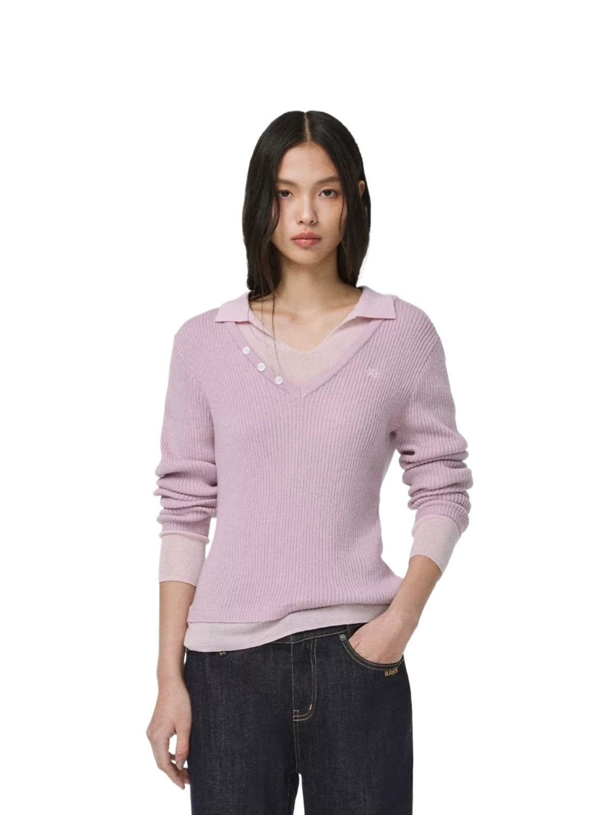 Contrast Layered V-Neck Wool Sweater