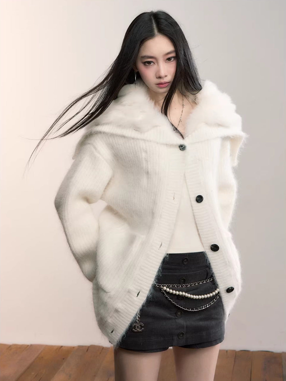 Fox Fur Large Notch Collar Cardigan