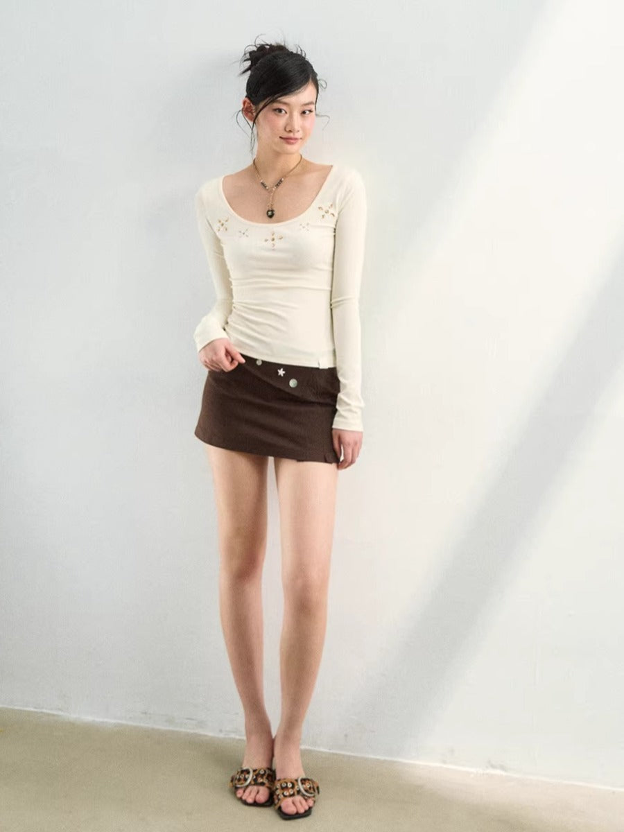 Rhinestone Knit U-Neck Tee