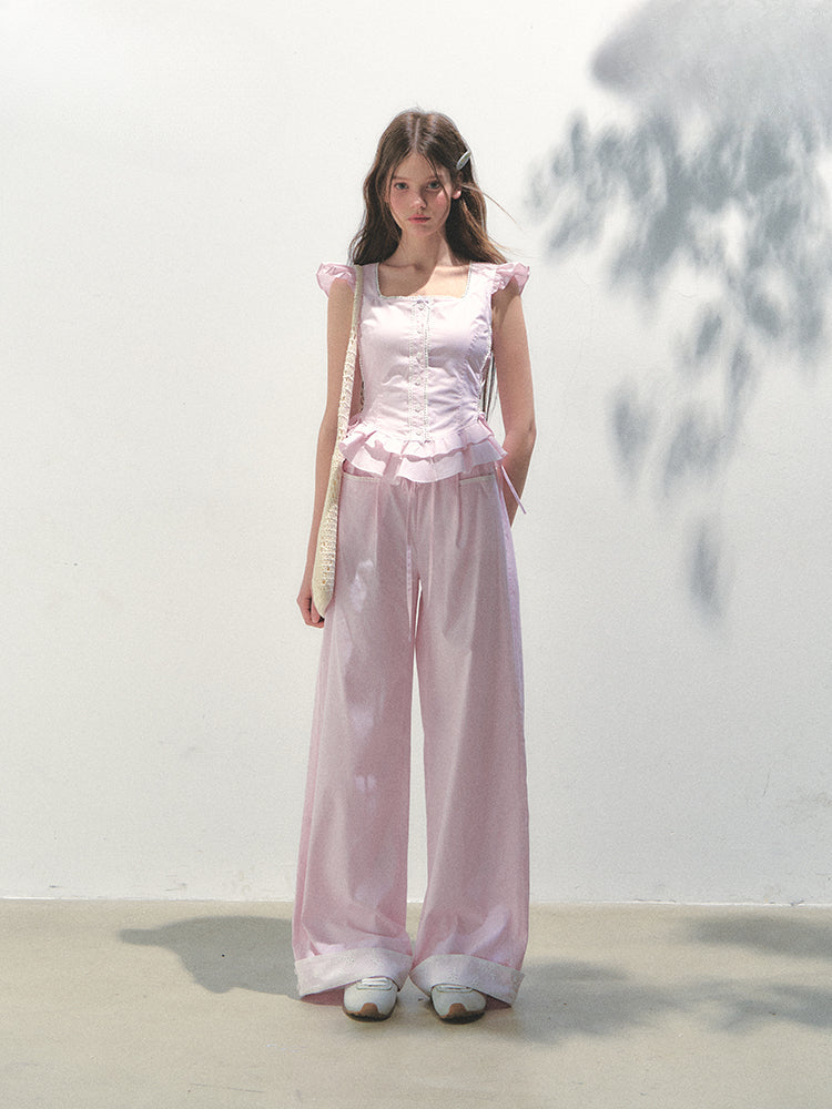 Vertical Striped Drawstring Waist Pink - Blue Pants