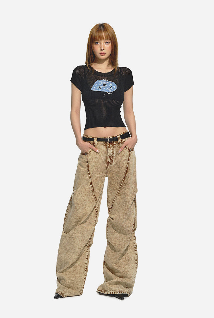 Brown Retro Loose-fit Wide-leg Jeans