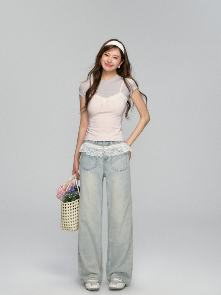 Fake Two Piece Lace Bow Short-Sleeve T-shirt