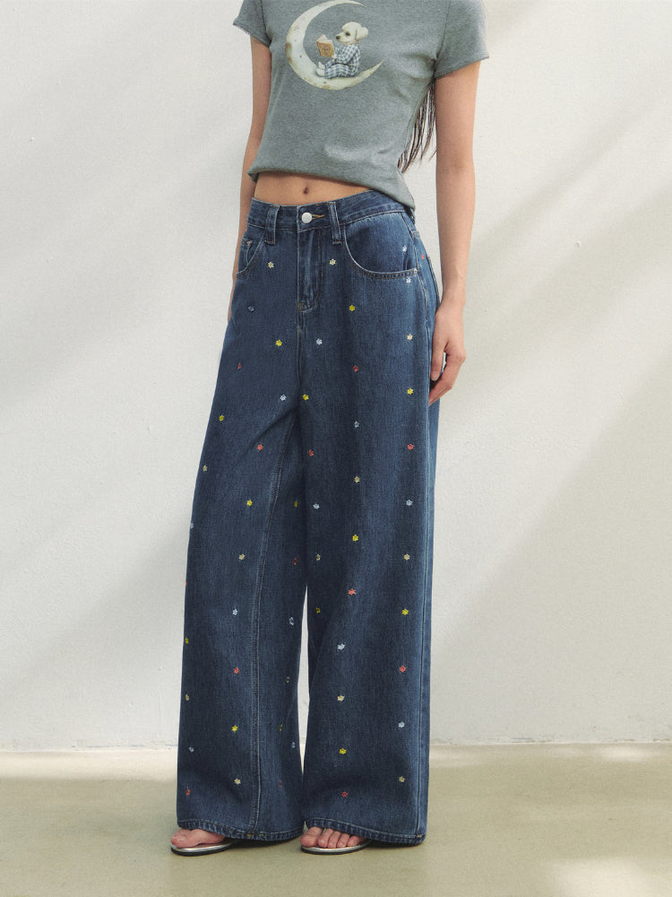 Colorful Floral Embroidered Straight-Leg Jeans