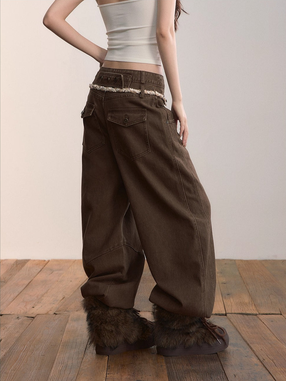 Brown Double-Waistband Straight Pants
