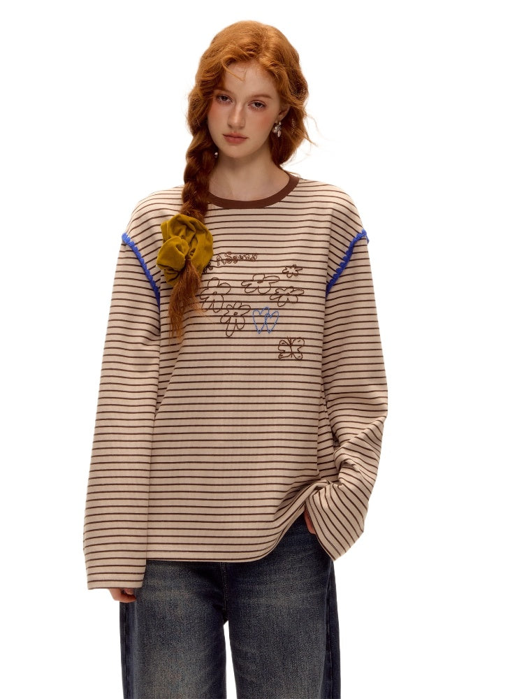 Striped Embroidered Cotton Blend T-shirt