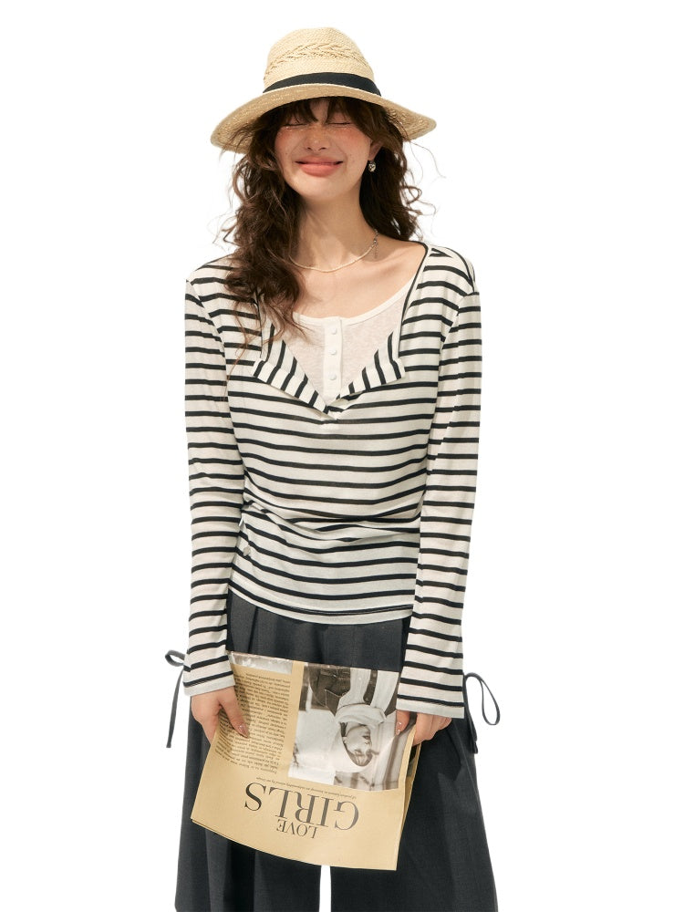 Fake Two-Piece V-Swing Neck Striped T-Shirt