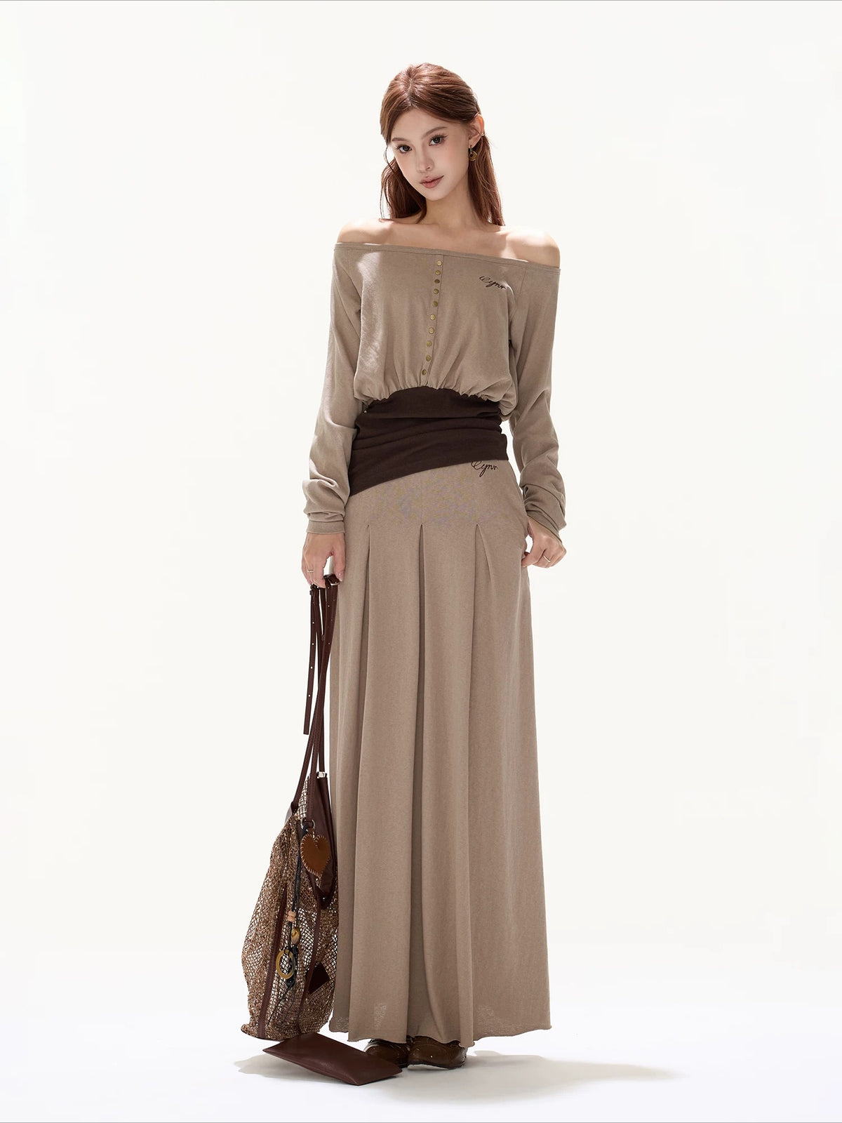 Khaki Off Shoulder Draped Top & Skirt Set